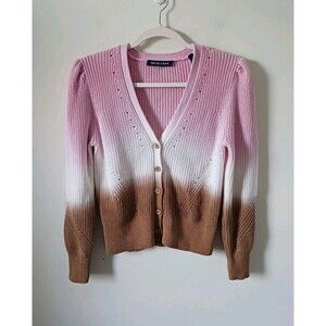 Veronica Beard Parula Cardigan Ombre Ribbed Knit Pink Tan Sweater Size‎ S